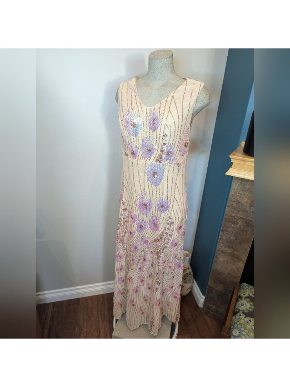 Women's Vintage Peacock Sequin Formal Dress V Neck Party Prom Evening Gown 1x - Picture 8 of 15